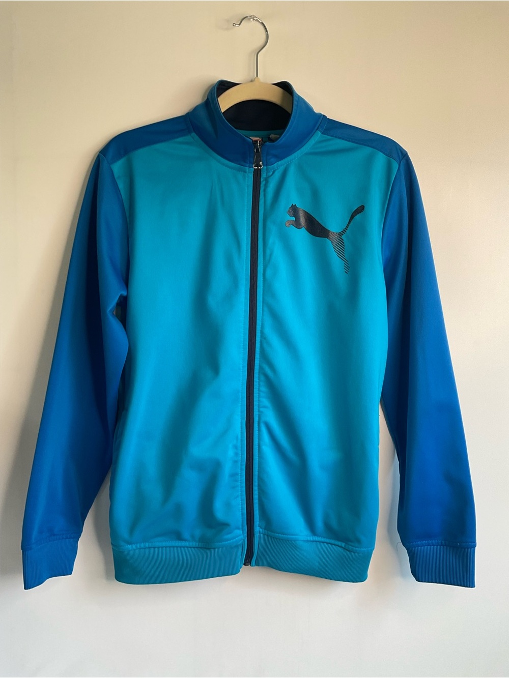 Puma Boys Size L Blue Turquoise Two-Tone Full Zip Track Jacket Athletic Bomber